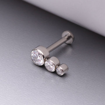 Detail View 1 of Implant Grade Titanium Triple Cascading Sparkle Top Internally Threaded Flat Back Stud Labret-Clear Gem